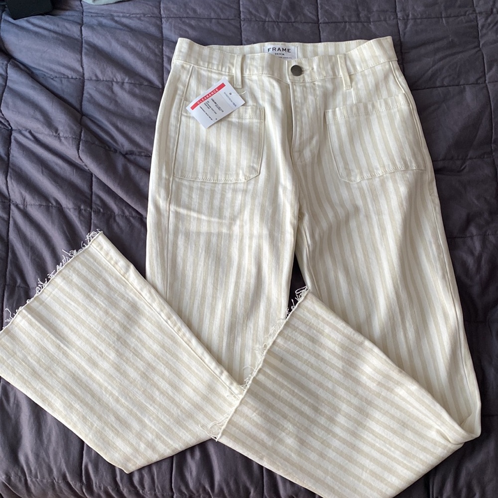 Brand new striped, cropped, raw hem Frame jeans